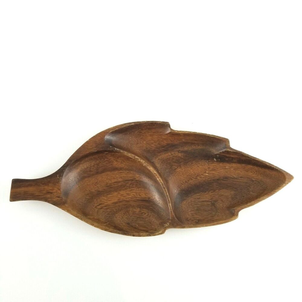Wooden Leaf Serving Tray Plate 2 Sectioned Made in the Philippines 14" x 6"